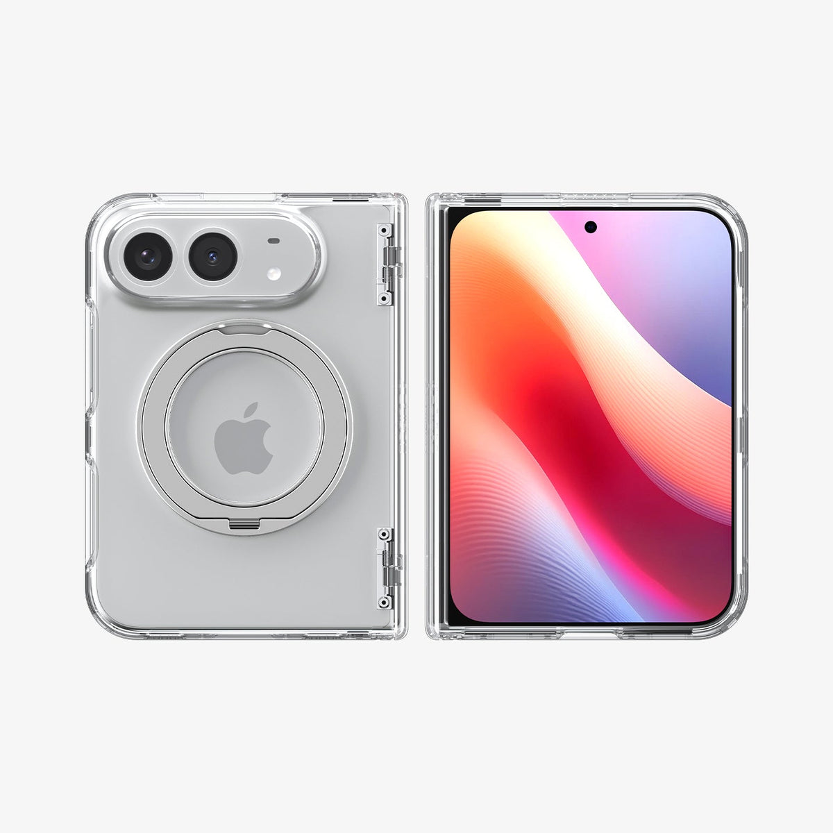 ACS11782 - iPhone Duo Ultra Hybrid Pro S (Mag Fit) showing the clear case fully opened with a built-in circular kickstand on the back