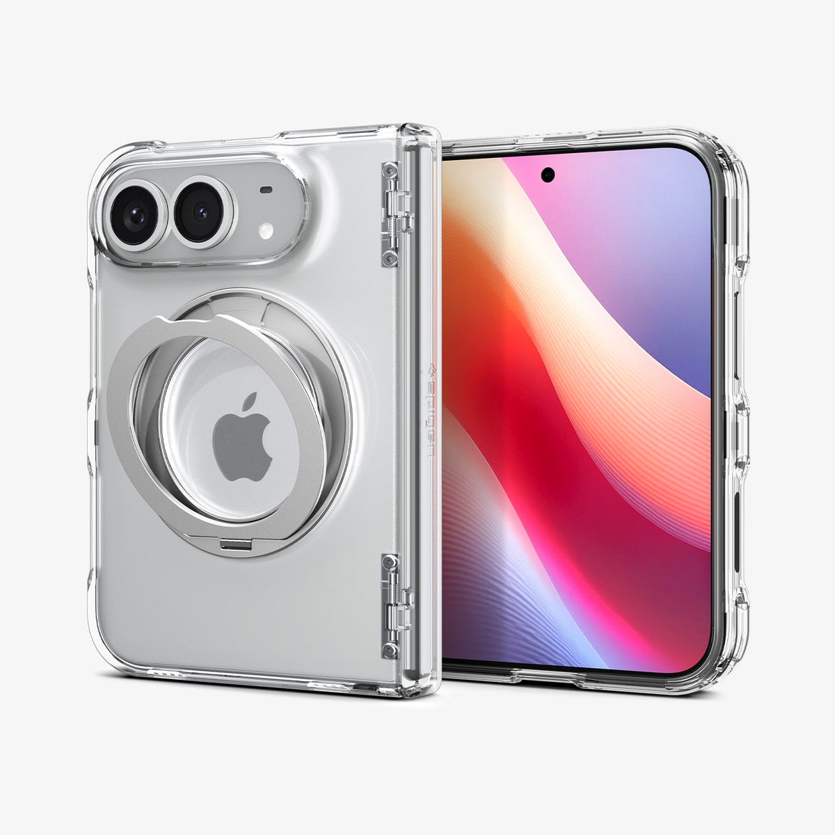 ACS11782 - iPhone Duo Ultra Hybrid Pro S (Mag Fit) showing an angled view of the case with circular kickstand and textured hinge protection