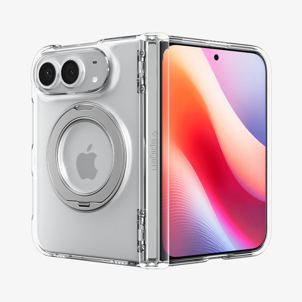 ACS11782 - iPhone Duo Ultra Hybrid Pro S (Mag Fit) showing the clear case partially folded with hinge protection and built-in circular kickstand