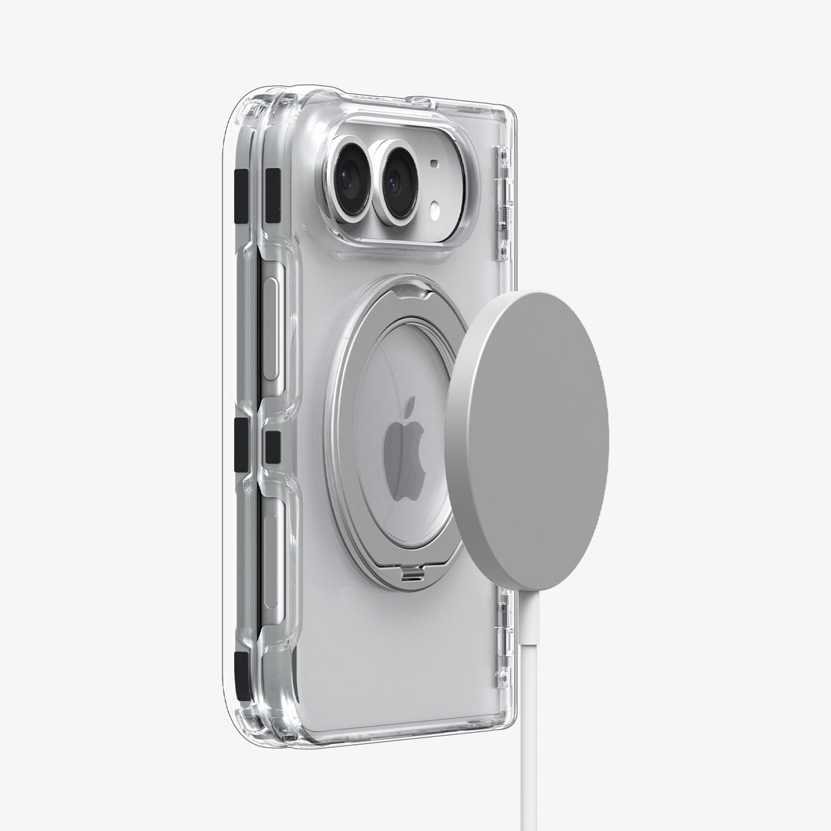 ACS11782 - iPhone Duo Ultra Hybrid Pro S (Mag Fit) showing the clear case attached to a magnetic wireless charger