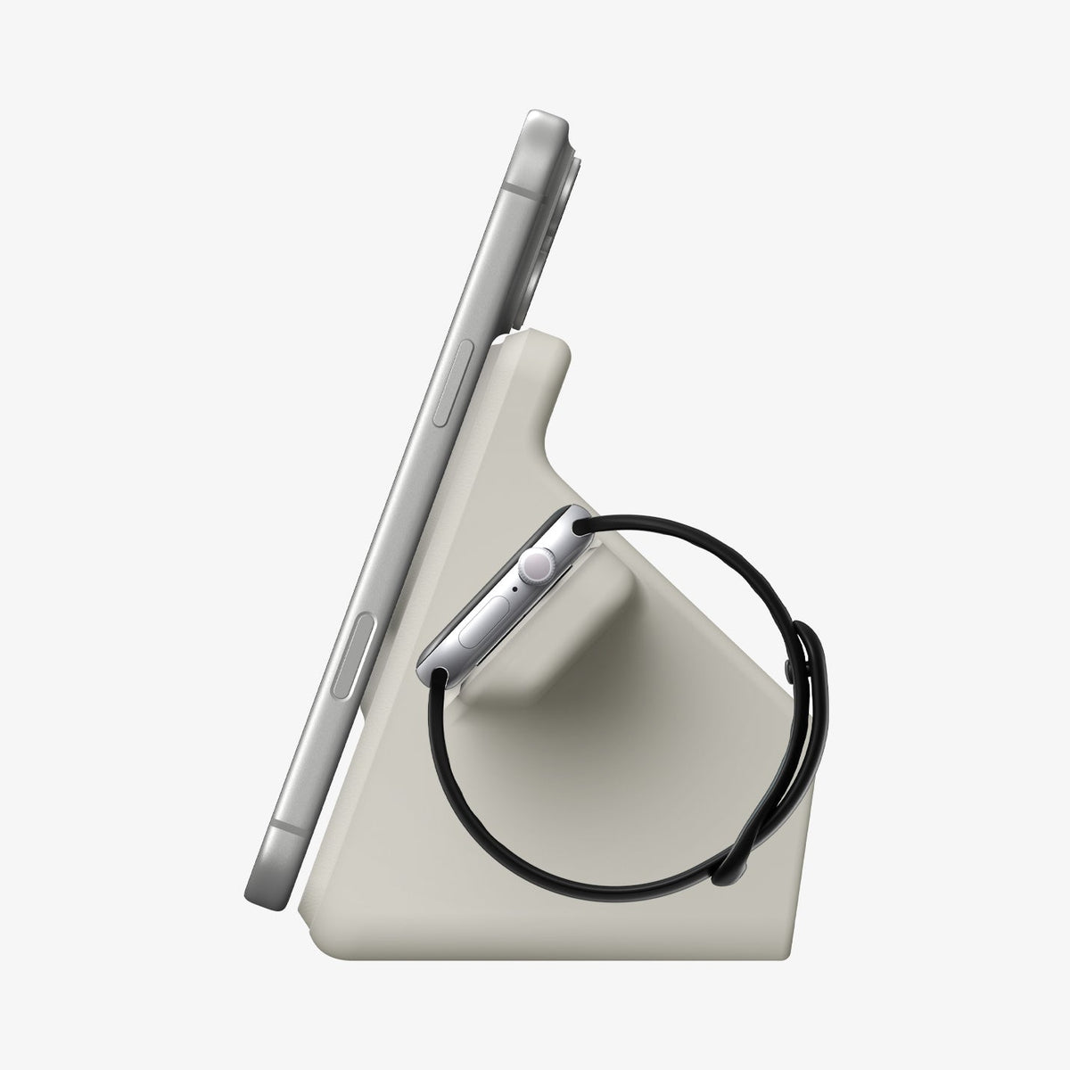 AMP09173 - Magsafe Duo Charger Stand (Mag Fit) in Dune Beige showing the side with phone and watch attached