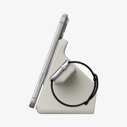 AMP09173 - Magsafe Duo Charger Stand (Mag Fit) in Dune Beige showing the side with phone and watch attached