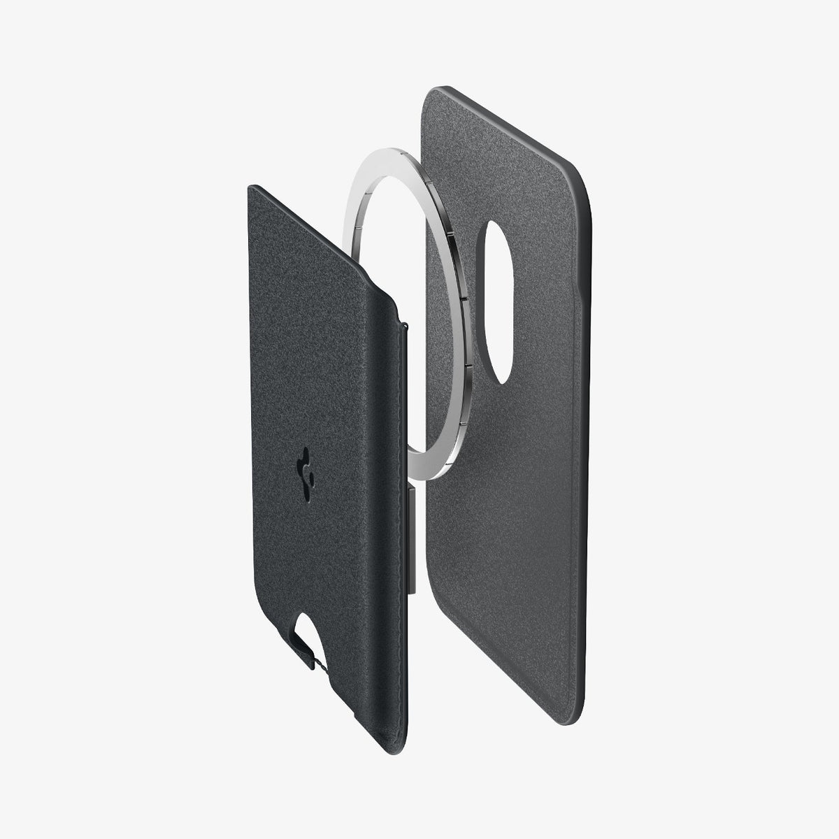 AFA06997 - MagSafe Card Holder Nano Pop (Mag Fit) in Black Sesame showing the magnet ring hovering in between the detached front and back