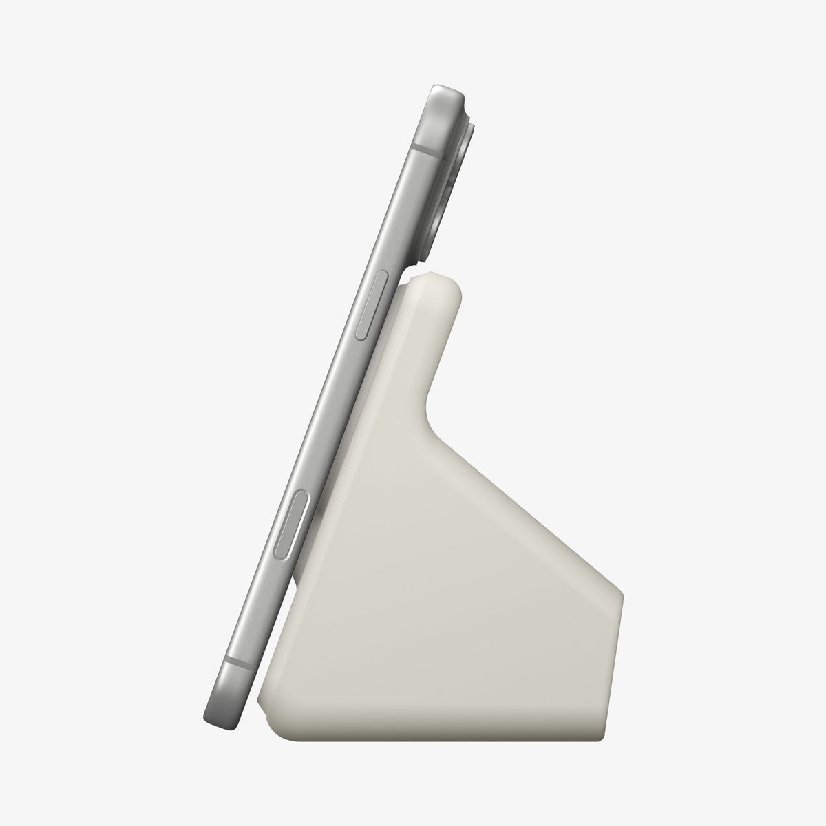 AMP09171 - Magsafe Charger Stand (Mag Fit) in Dune Beige showing the side with the device attached