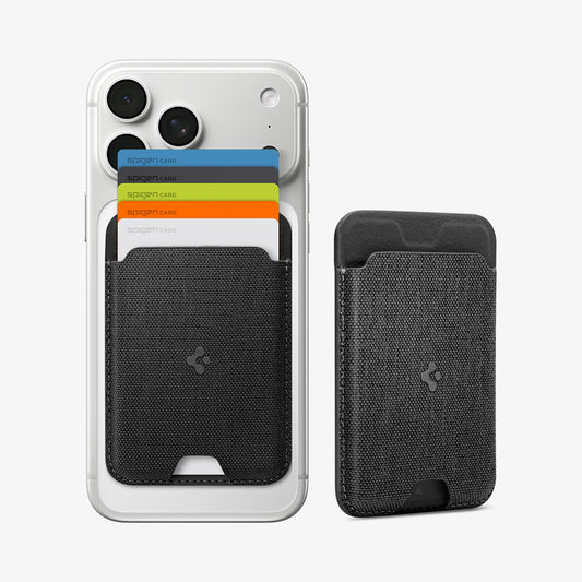 AFA11335 - Spigen MagFit Urban Fit Wallet holding five cards and detached from iPhone