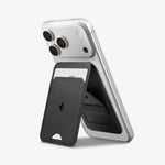 AFA10405 - MagSafe Card Holder Slim Fold (MagFit) | S314-1 in Black showing front and standing with the phone