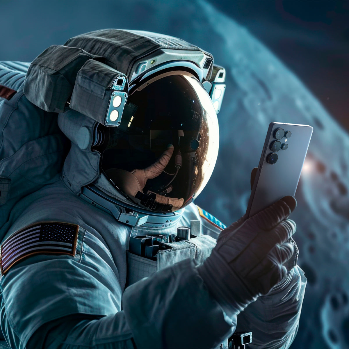 AGL09081 - Galaxy S25 Ultra Optik Pro EZ Fit Lens Protector in Black showing an astronaut in outer space holding the device