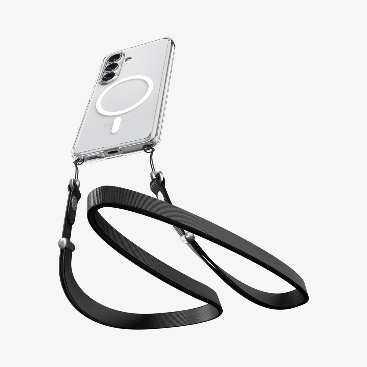 ACS10964 - Galaxy S26 Plus Case Ultra Hybrid (Mag Fit) Crystal Clear showing device and case with double strap on bottom