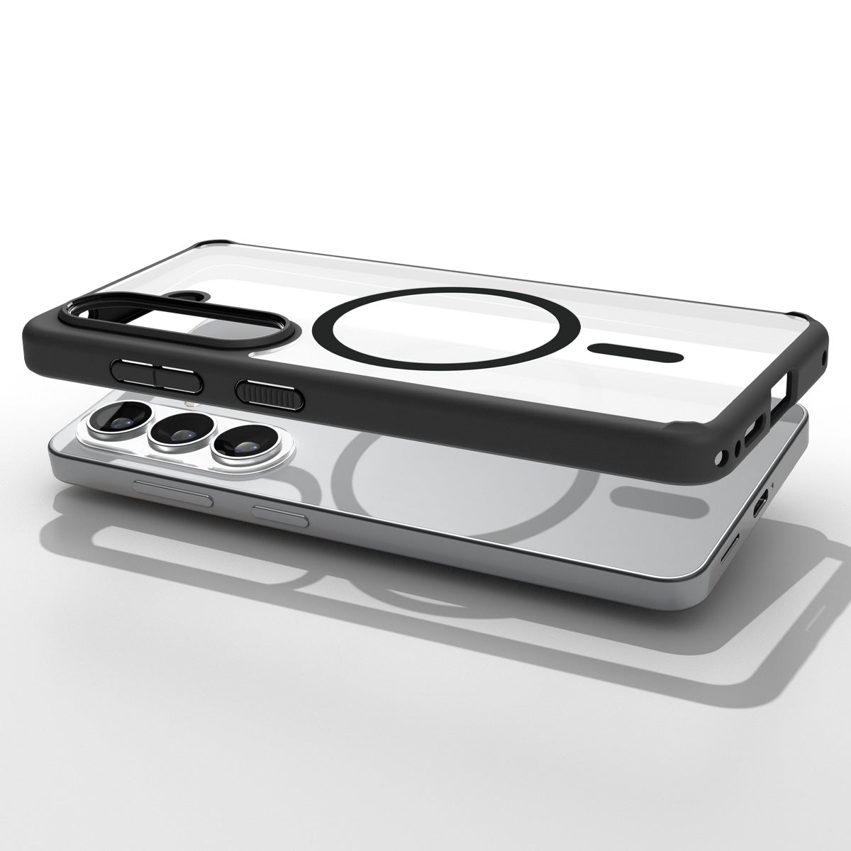 ACS10970 - Galaxy S26 Case Ultra Hybrid (Mag Fit) Matte Black showing top view of phone and case showcase on top side by side
