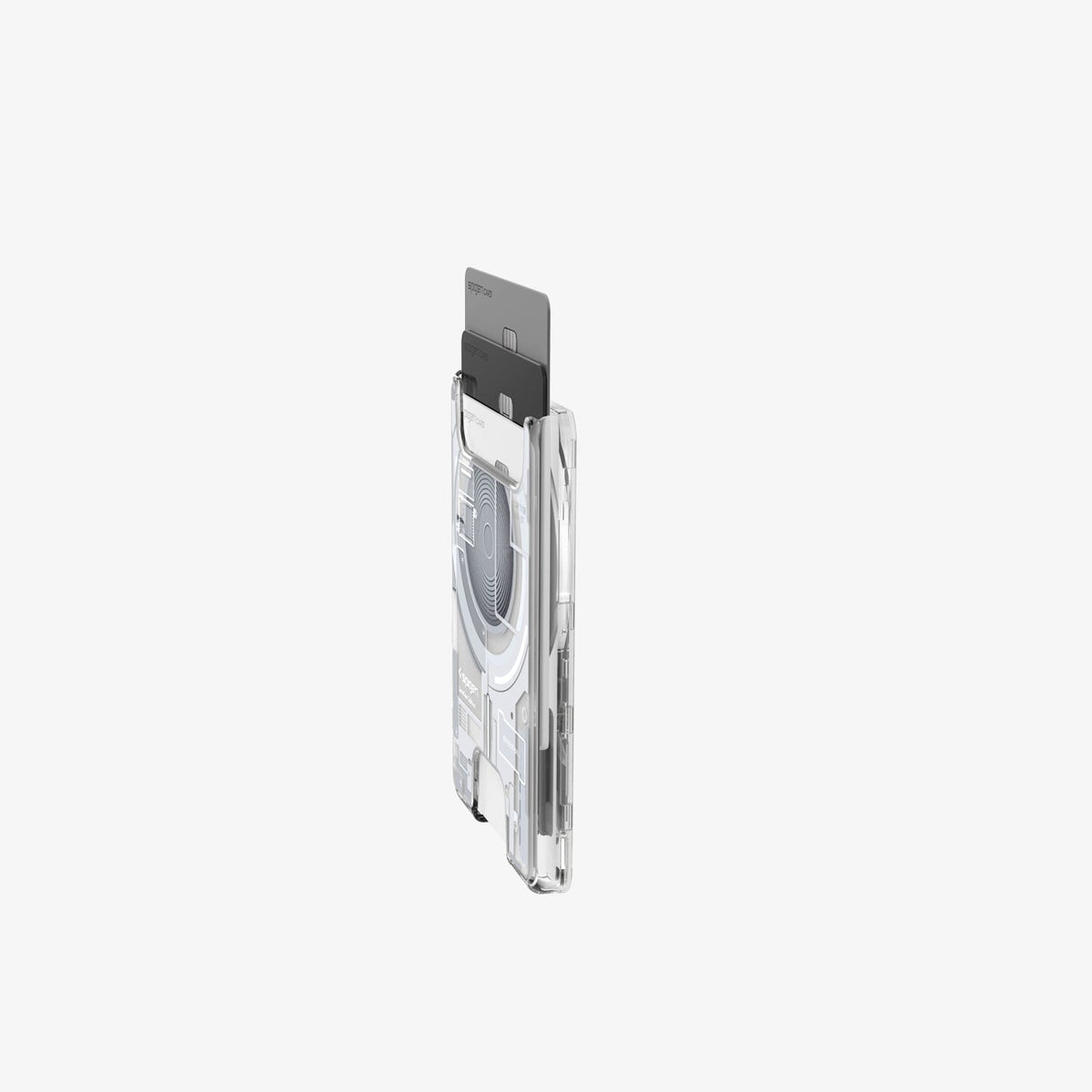 AFA11305 - Ultra Hybrid MagFit card wallet transparent white ultra slim side view showing stacked cards partially extended and minimal profile thickness