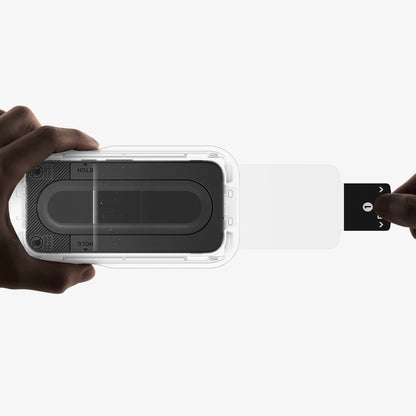 AGL11485 - Pixel 11 Pro XL GLAS.tR EZ Fit Pro installation tray with the screen protector as the dust removal film is pulled through during the alignment process.