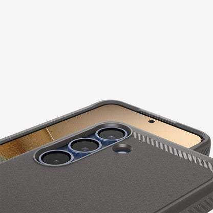 ACS08978 - Galaxy S25 Plus Case Rugged Armor (MagFit) in Marble Gray showing the partial back, partial front with lens camera zoomed in