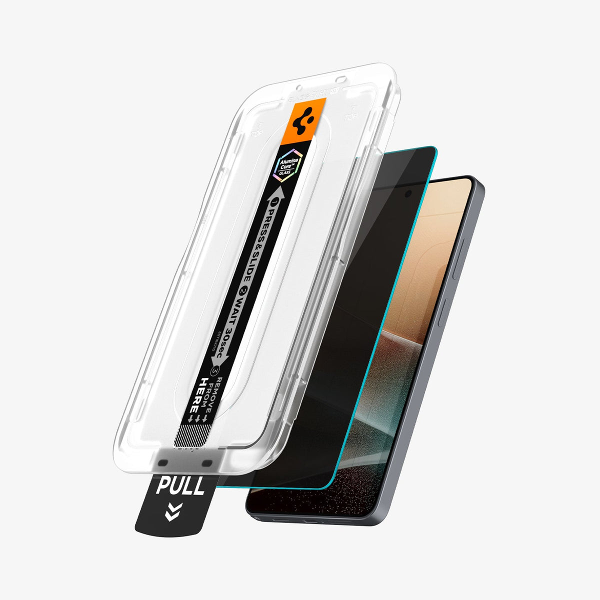 AGL11070 - Galaxy S26 Ultra GLAS.tR EZ Fit Pro | Privacy showing the installation tray partially hovering above the screen protector and the device