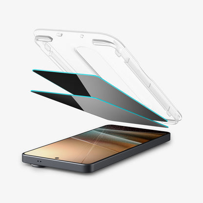 AGL11070 - Galaxy S26 Ultra GLAS.tR EZ Fit Pro | Privacy showing the installation tray partially hovering above the screen protector and the device