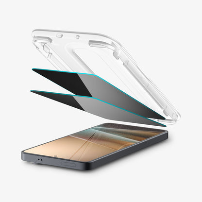AGL11081 - Galaxy S26 Plus GLAS.tR EZ Fit Pro | Privacy showing the installation tray partially hovering above the screen protector and the device