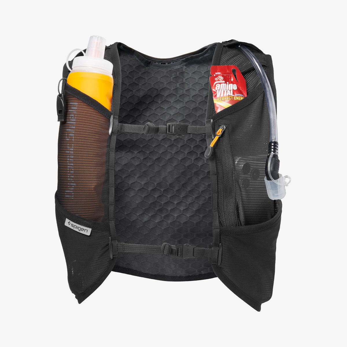 AMP10225 - Dynamic Shield™ Running Vest | A721 L-XL in Black showing the front mesh pockets with a soft flask, hydration tube, and energy gel.