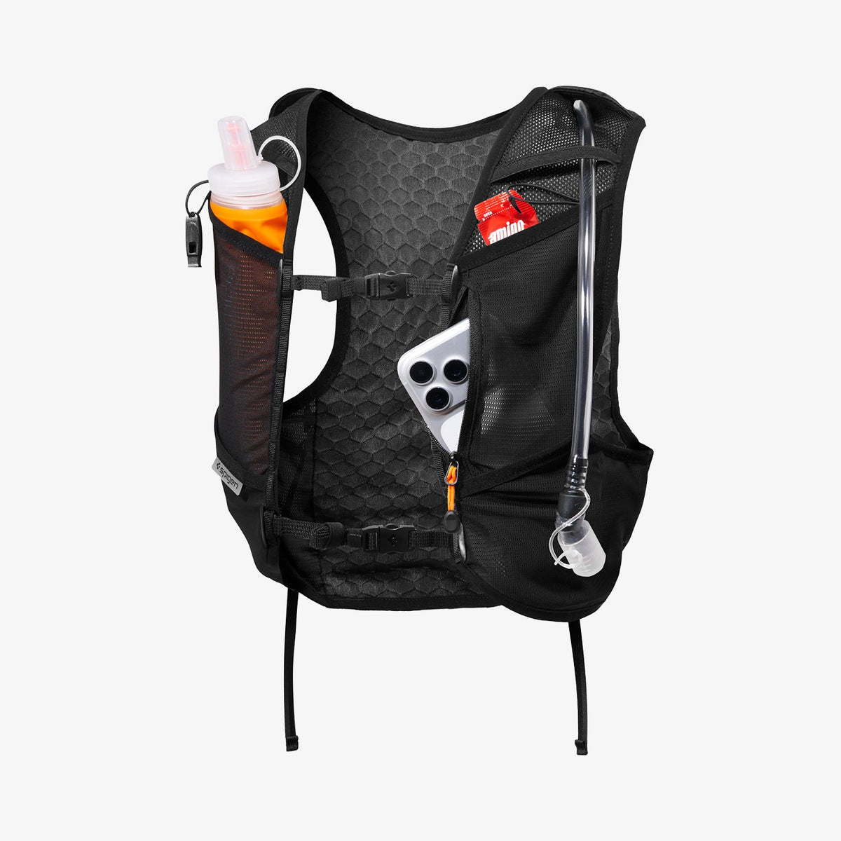 AMP10224 - Dynamic Shield™ Running Vest | A721 M-L in Black showing the front view with mesh storage pockets holding a soft flask, hydration tube, energy gel, and smartphone.