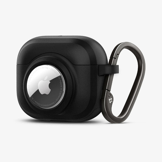 ACS03168 - Apple AirPods 3 Tag Armor Duo in black showing the front and side with AirTag in slot and carabiner