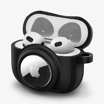 ACS03168 - Apple AirPods 3 Tag Armor Duo in black showing the front, side and top open with AirPods inside