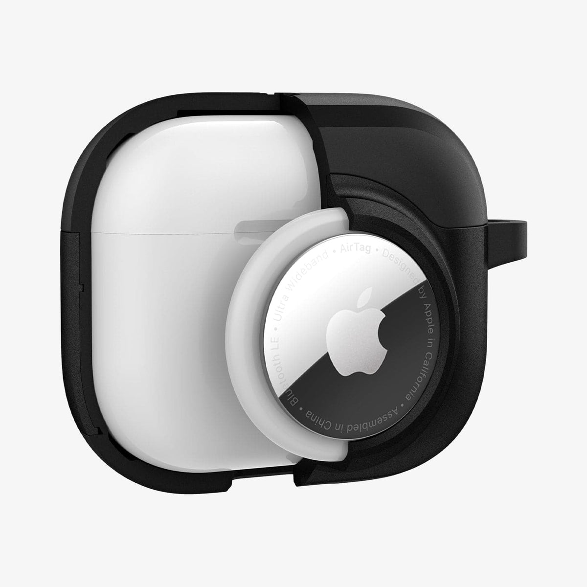 ACS03168 - Apple AirPods 3 Tag Armor Duo in black showing the front with airtag in slot and case half cut open