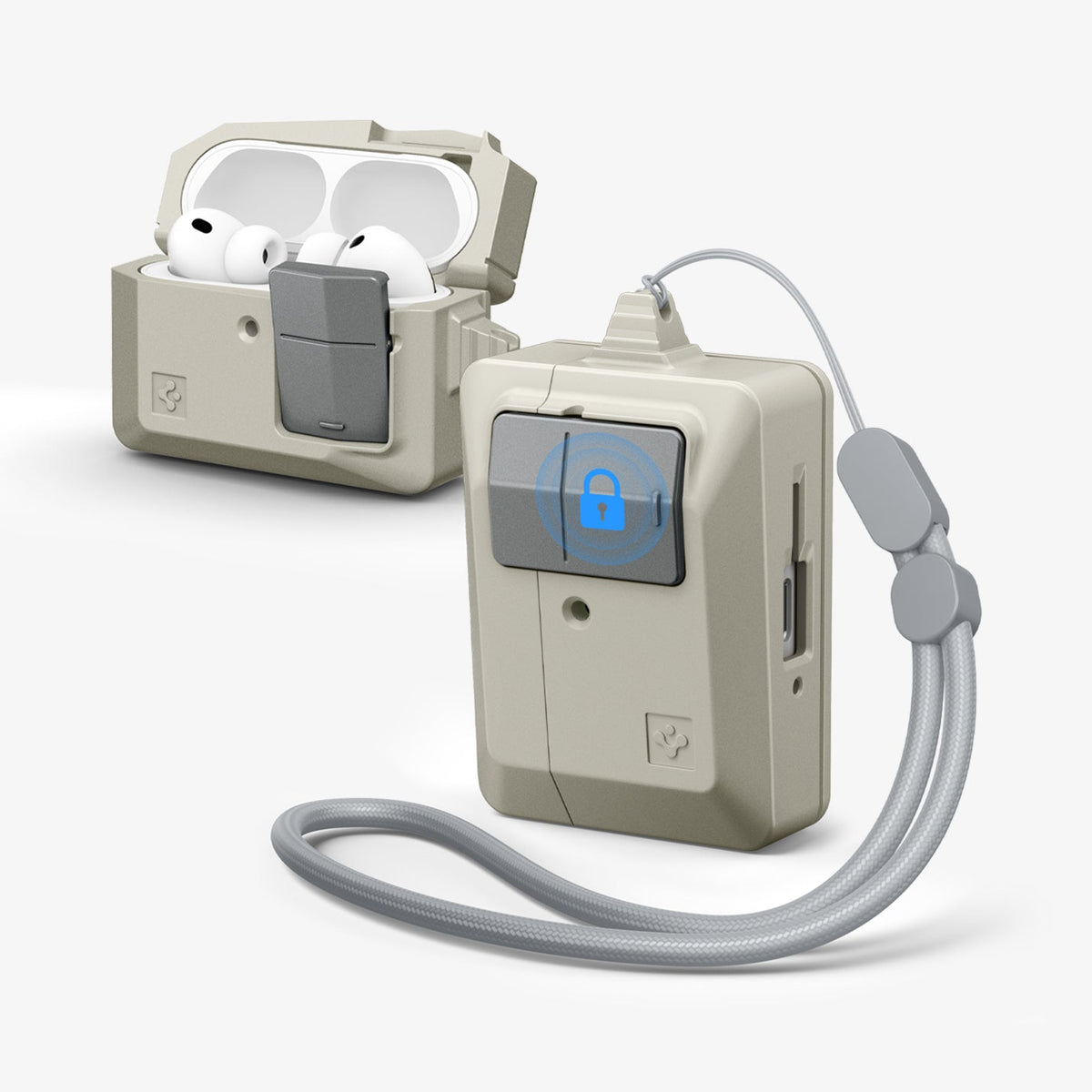 ACS10978 - AirPods Pro 3 Classic LS showing the front and side with strap and a second case with top open and AirPods inside
