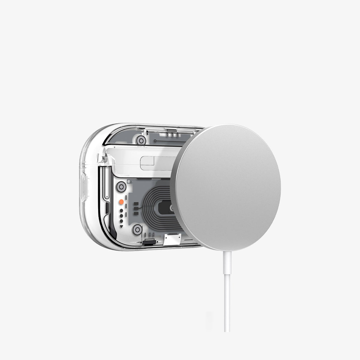 ACS09824 - AirPods Pro 3 Series Ultra Hybrid Neo One (MagFit) showing back with magsafe charger hovering away from AirPods