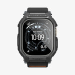 ACS11415 - Straight-on front view of Spigen Lite Fit Pro Apple Watch Ultra case showing Shock Resist bezel engraving and Spigen logo