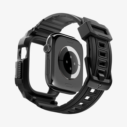 ACS11883 - Apple Watch Series 12(42mm) Case Rugged Armor Pro in Matte Black showing an exploded view highlighting the integrated protective frame, band, and buckle design