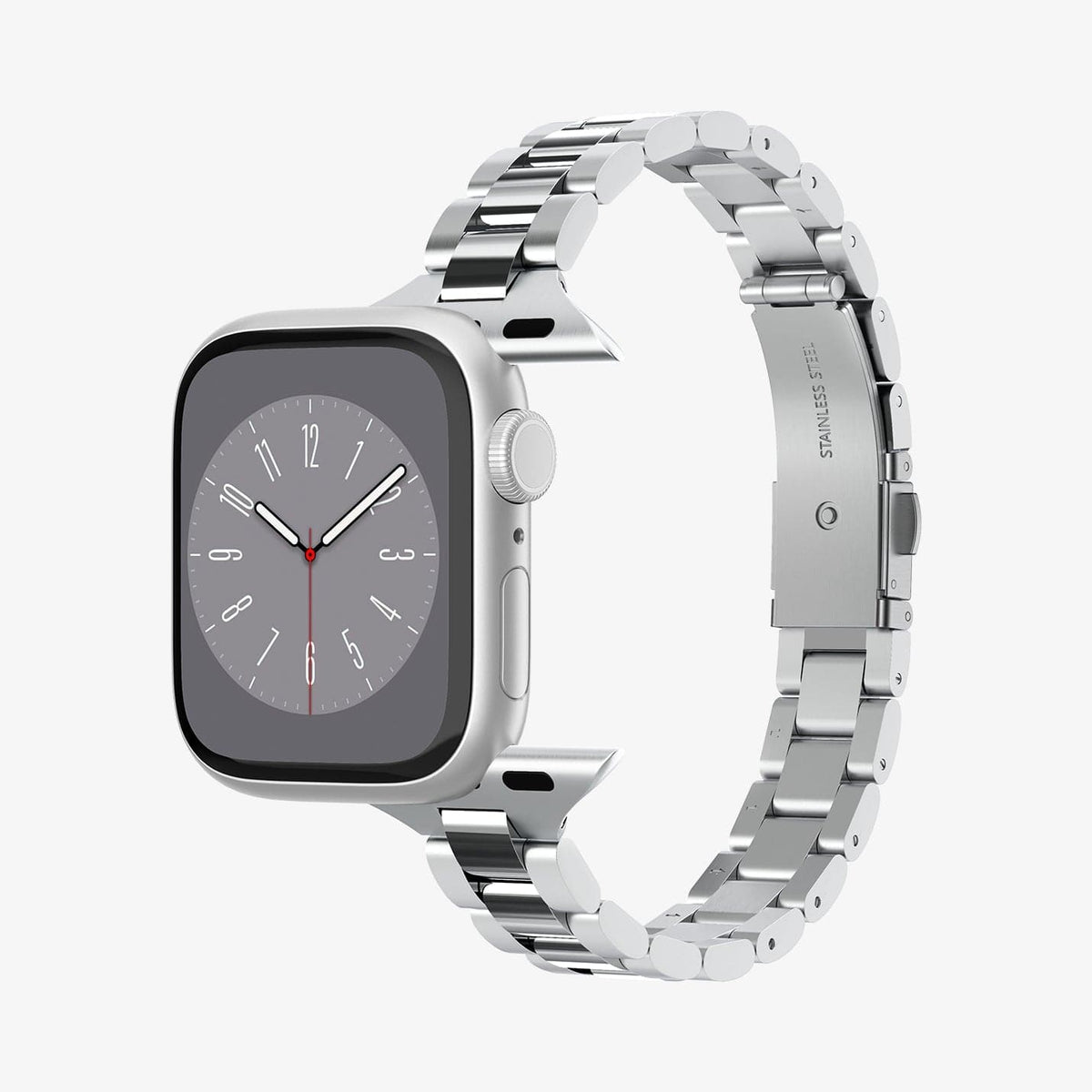 AMP06357 - Apple Watch (41mm) Modern Fit 316L Band in Silver showing the front head of the watch detached from the strap showing sides and partial inner side