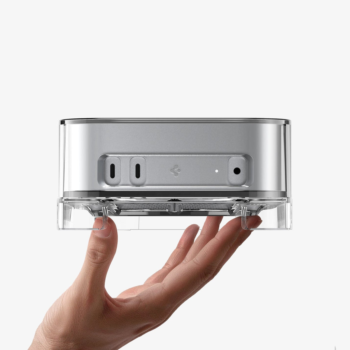 ACS09210 - Apple Mac Mini Stand | Ultra Hybrid in Crystal Clear showing products above the hand