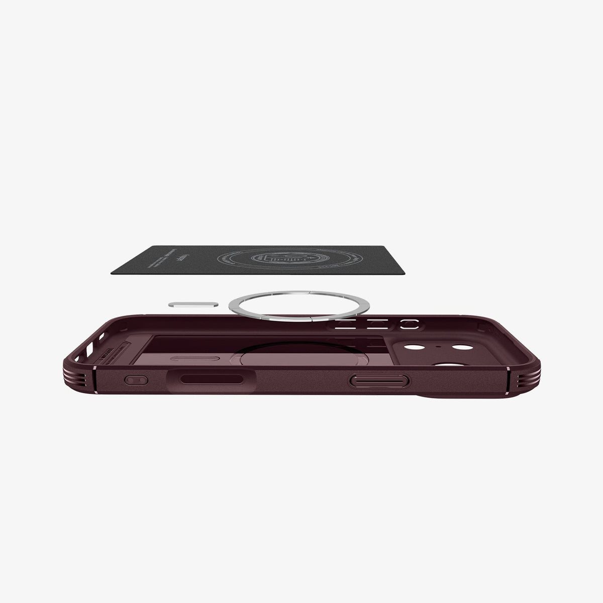 ACS12222 - iPhone 18 Pro Max / iPhone 17 Pro Max Core Armor (Mag Fit) Burgundy showing the back cover hovering above detached metal ring plate and the back of the case