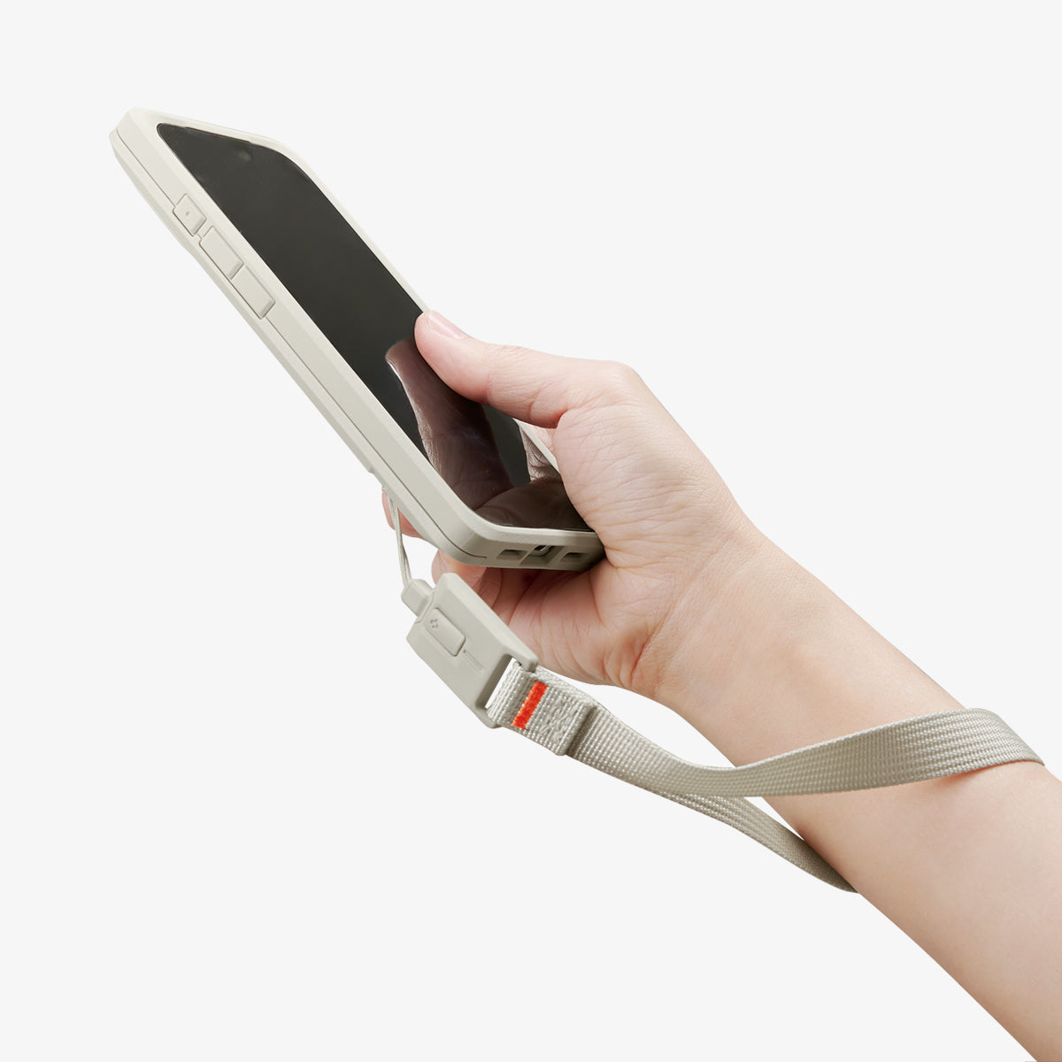 AFA10617 - DA30S LS lanyard strap light gray wrist strap attached to phone case showing side view with secure wrist loop and comfortable grip