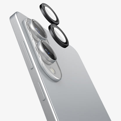 AGL09412 - Galaxy S25 Edge Optik EZ Fit Lens Pro Protector in Black showing the 2 lens screen protector hovering in front of the camera lens and the device