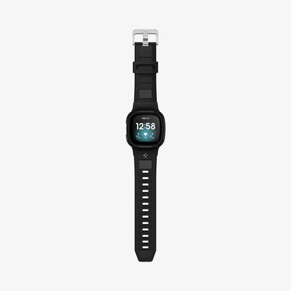 ACS02046 - Fitbit Versa 3 Band Rugged Armor Pro in black showing the front with watch band laid out flat