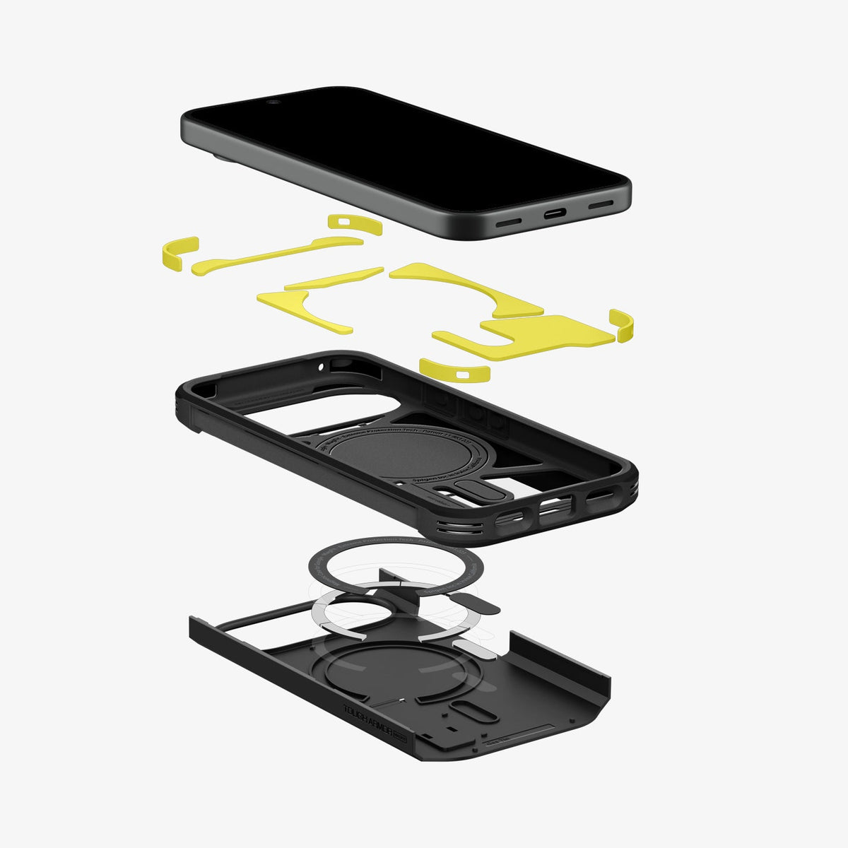 ACS11443 - Pixel 11 Tough Armor (Mag Fit) Black exploded view showing the multi layer construction, built in magnetic ring, and Extreme Protection Foam.