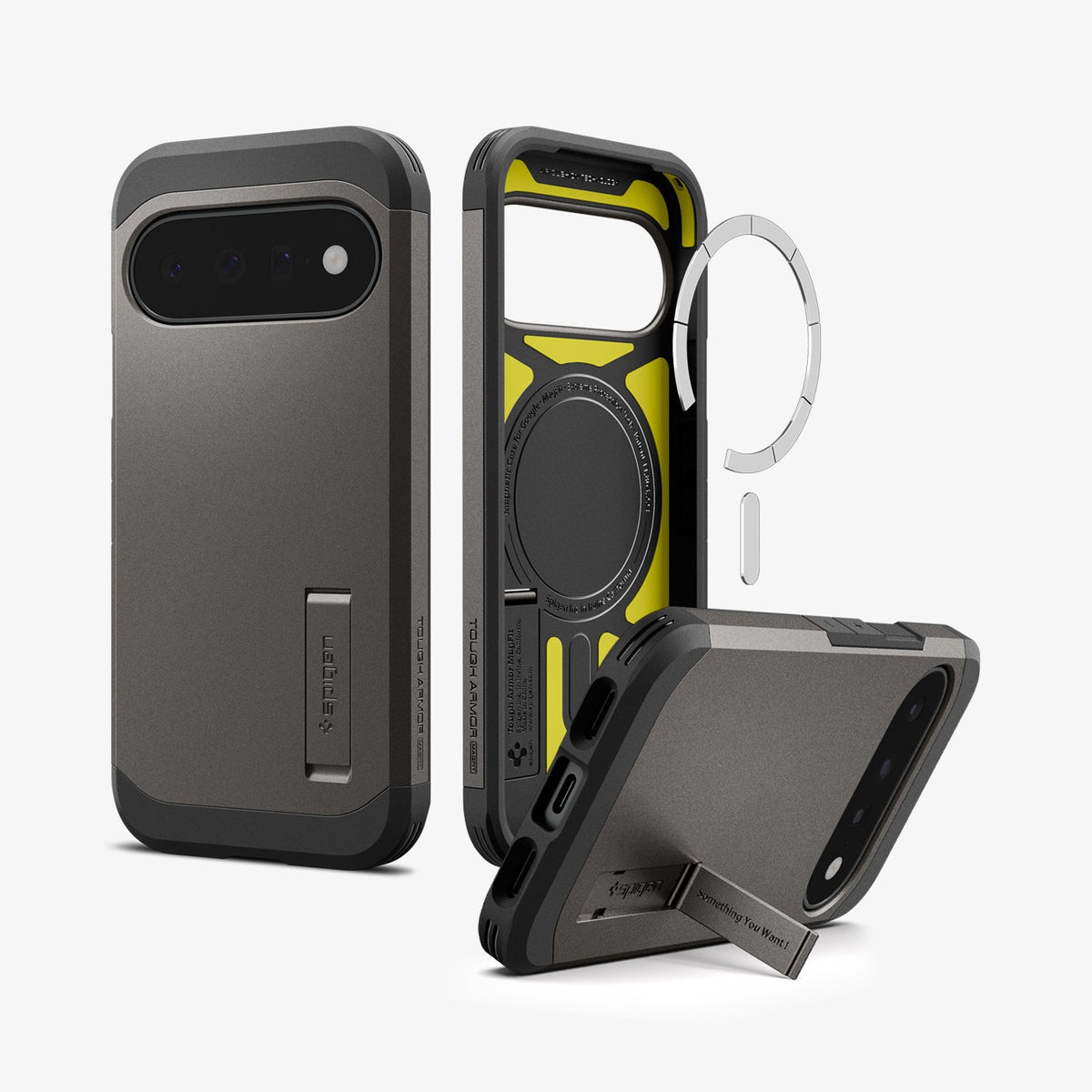 ACS11855 - Pixel 11 Tough Armor (Mag Fit) Gunmetal front, interior, and angled views highlighting the built in kickstand, built in magnetic ring, and multi layer construction.