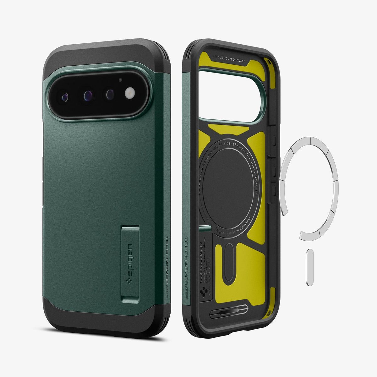 ACS11859 - Pixel 11 Pro Tough Armor (Mag Fit) Abyss Green front and interior views showing the built in magnetic ring, Extreme Protection Foam, and multi layer construction.