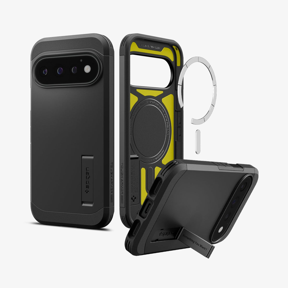 ACS11433 - Pixel 11 Pro Tough Armor (Mag Fit) Black front, interior, and angled views highlighting the built in kickstand, built in magnetic ring, and multi layer construction.