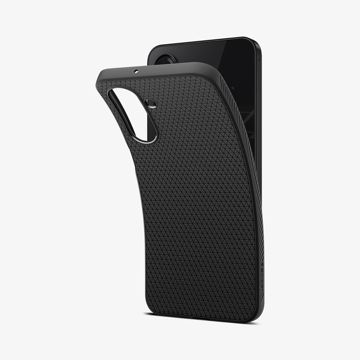 ACS09290 - Galaxy A26 5G Case Liquid Air in Matte Black showing the back, partial side and top, slightly peeled of from the device