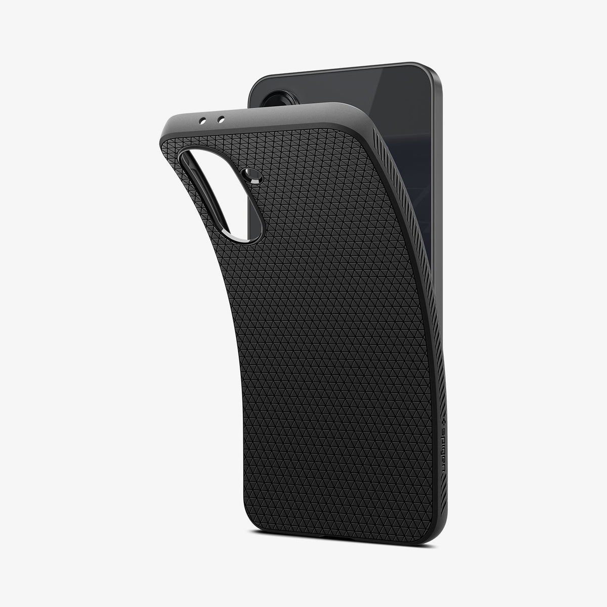 ACS09199 - Galaxy A36 5G Case Liquid Air in Matte Black showing the back, partial side and top, slightly peeled of from the device