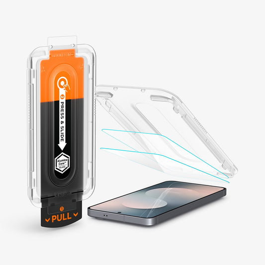AGL10202 - Galaxy S25 FE GLAS.tR EZ Fit Pro showing the 2 screen protector hovering above the device and the alignment tray