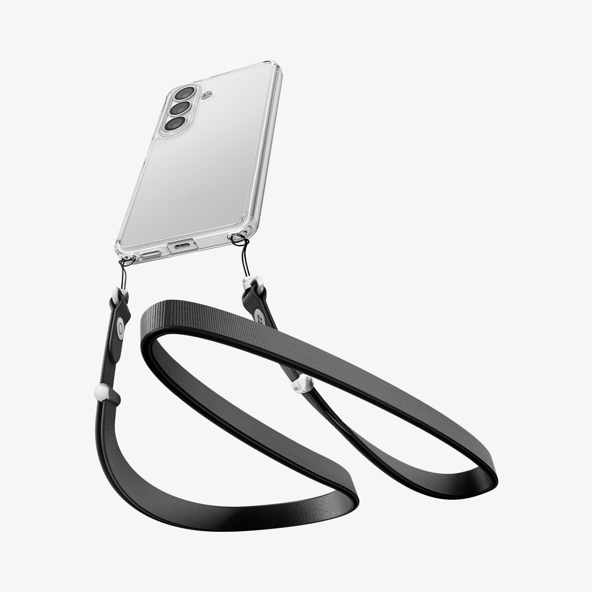 ACS11049 - Galaxy S26 Plus Case Ultra Hybrid Crystal Clear showing device and case with double strap on bottom