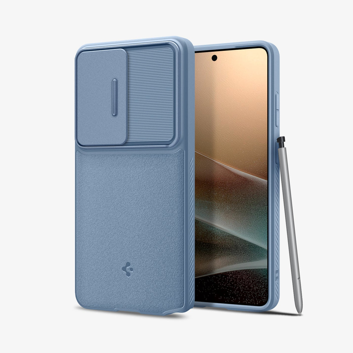 ACS11224 - Galaxy S26 Ultra Optik Armor in Light Blue showing the back with the device, partial back case only, partial front and sides