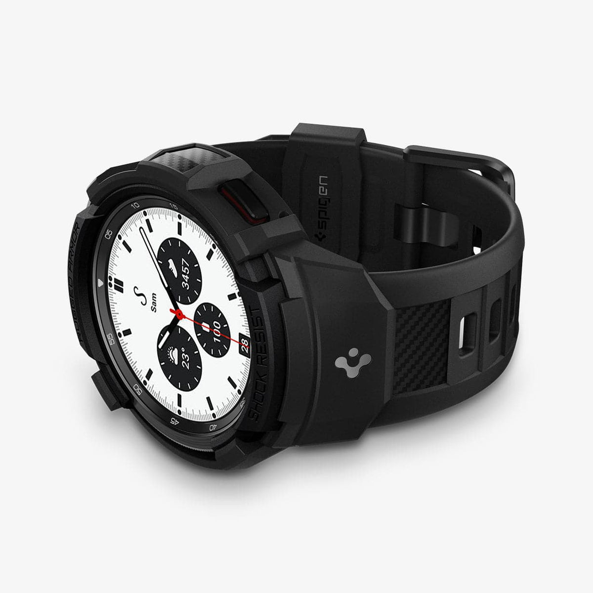 ACS03833 - Galaxy Watch 4 Classic (42mm) Case Rugged Armor Pro in black showing the front and bottom with watch laid on its side