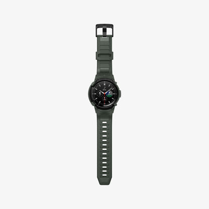ACS04326 - Galaxy Watch 4 Classic (46mm) Case Rugged Armor Pro in military green showing the front with watch band laid out flat