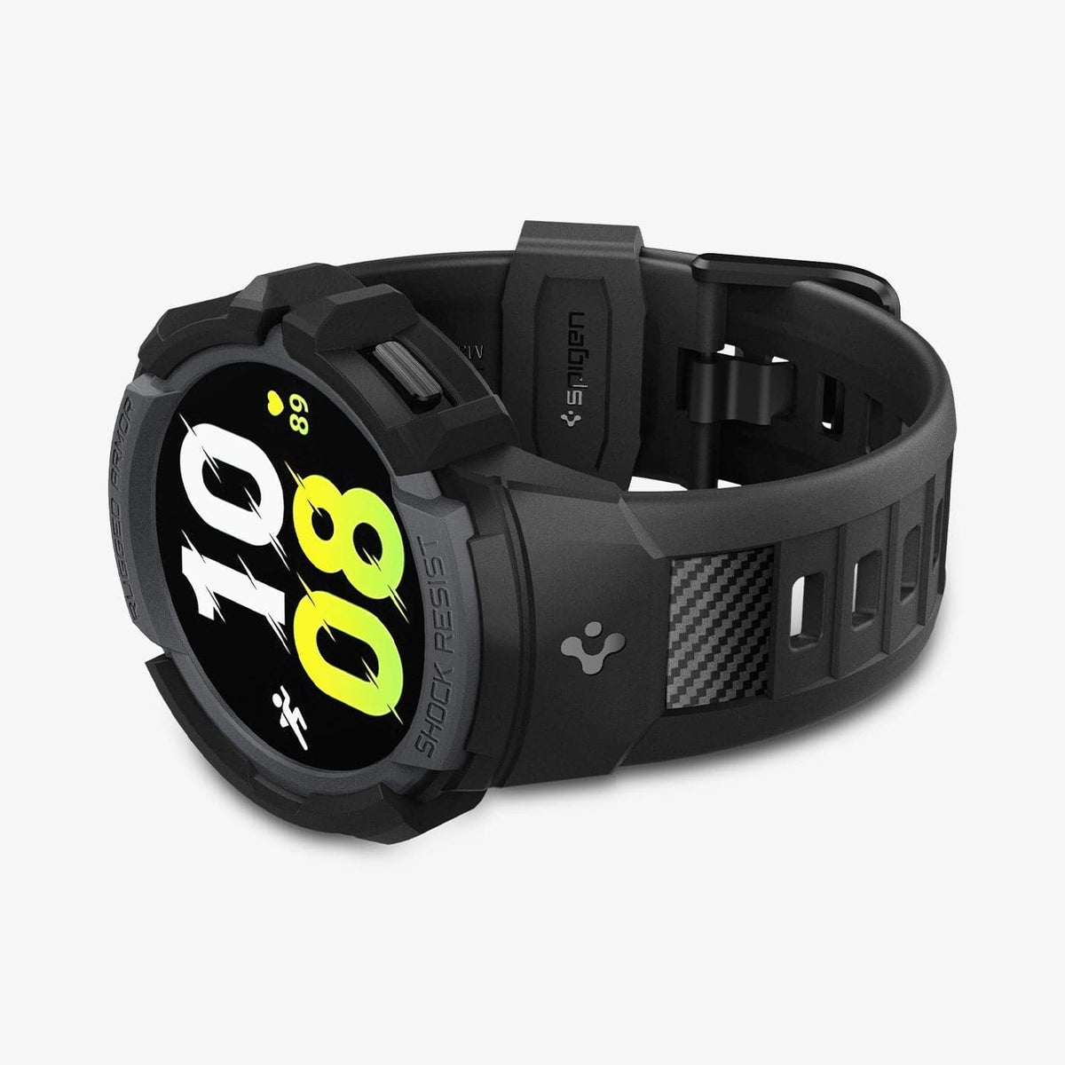 ACS03165 - Galaxy Watch 5/4 (40mm) Case Rugged Armor Pro in charcoal gray showing the front and bottom with watch laid on its side