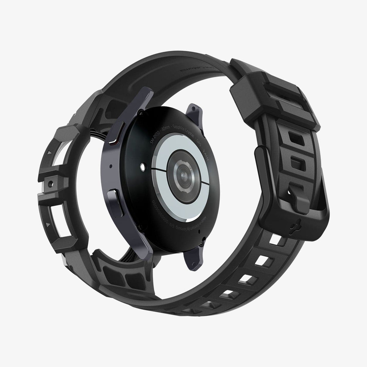 ACS06501 - Galaxy Watch 6 (40mm) Case Rugged Armor Pro in black showing the back with watch face hovering behind band