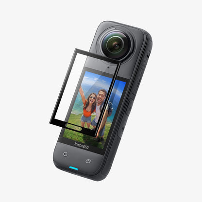 AGL09309 - X4 Insta360 Glas.tR SLIM in Black showing the screen protector hovering in front of the device