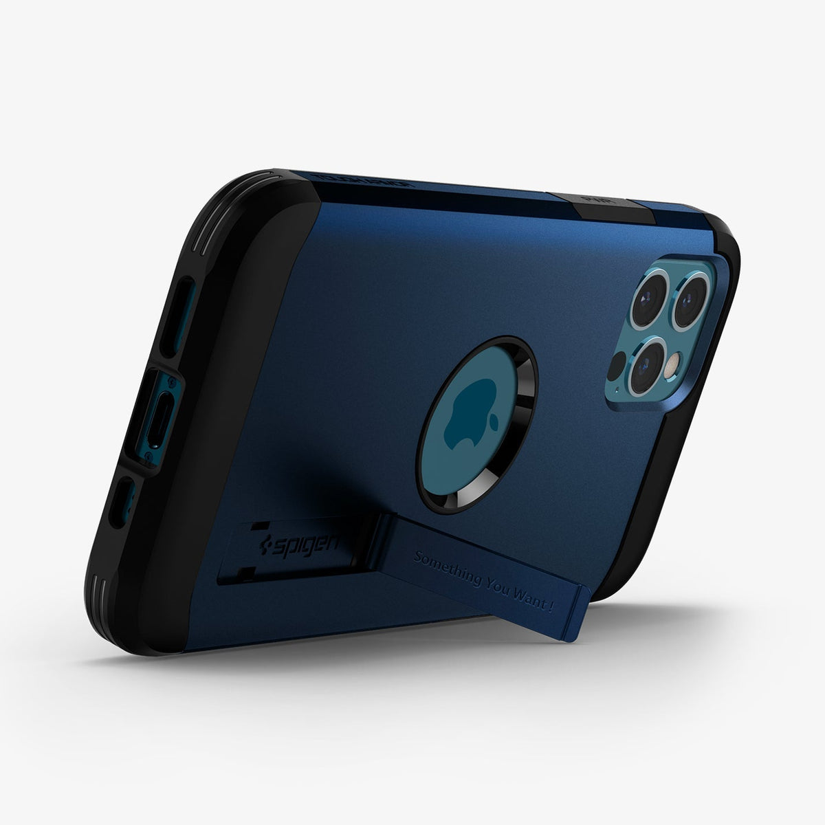 ACS02298 - iPhone 12 / iPhone 12 Pro Case Tough Armor in navy blue showing the back and bottom with device propped up by built in kickstand