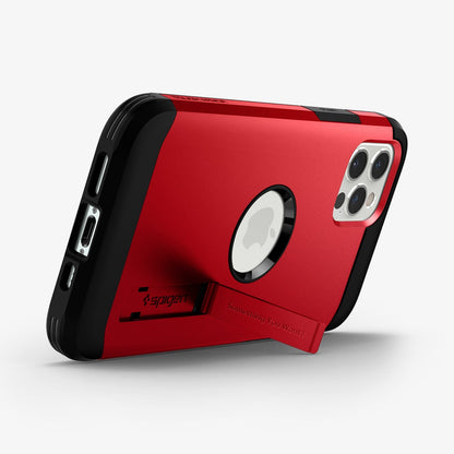 ACS02253 - iPhone 12 / iPhone 12 Pro Case Tough Armor in red showing the back and bottom with device propped up by built in kickstand